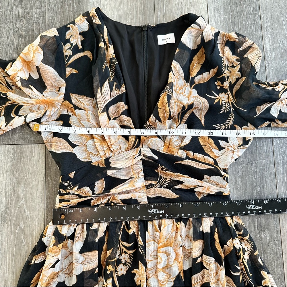 SHEIKE Plunging Neck Sheer Long Sleeve Brown Black Floral Tropical Mini Dress - Picture 12 of 15